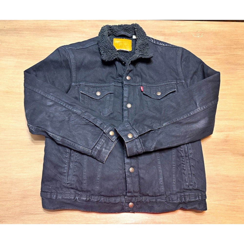 Levis Premium Type III Sherpa Trucker Jacket Mens L Black Denim Fleece Lined